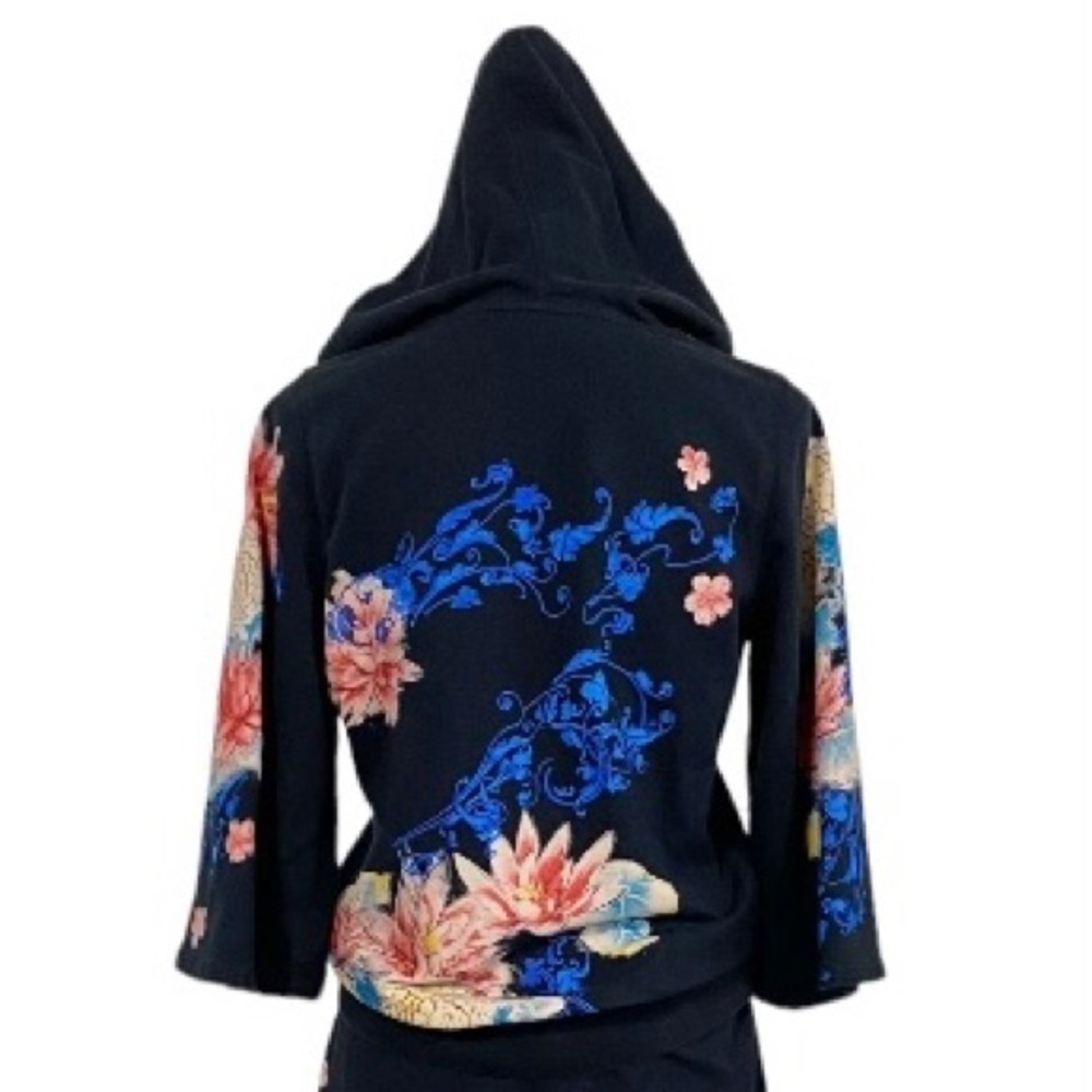 Vintage 90 Y2K Black Lucky Brand Hoodie Sweatshirt Tattoo style floral graphics - Picture 7 of 10